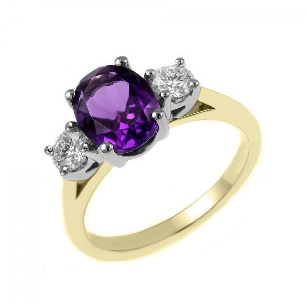 18ct yellow gold 1.72ct amethyst & 0.40ct diamond 3 stone ring