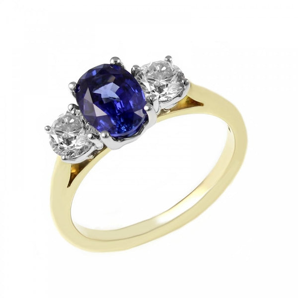 18ct yellow gold 1.47ct sapphire 0.80ct GIA diamond 3 stone ring