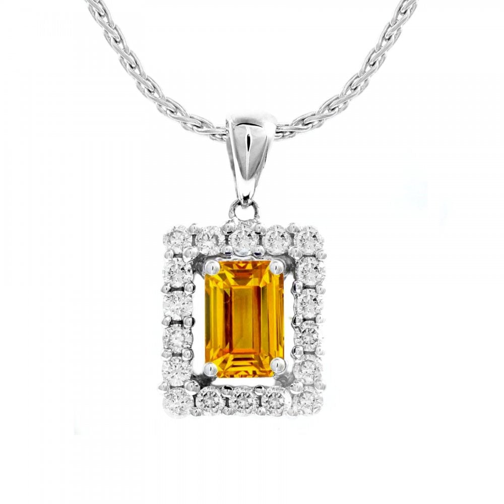 18ct white gold 0.89ct yellow sapphire & 0.35ct diamond pendant