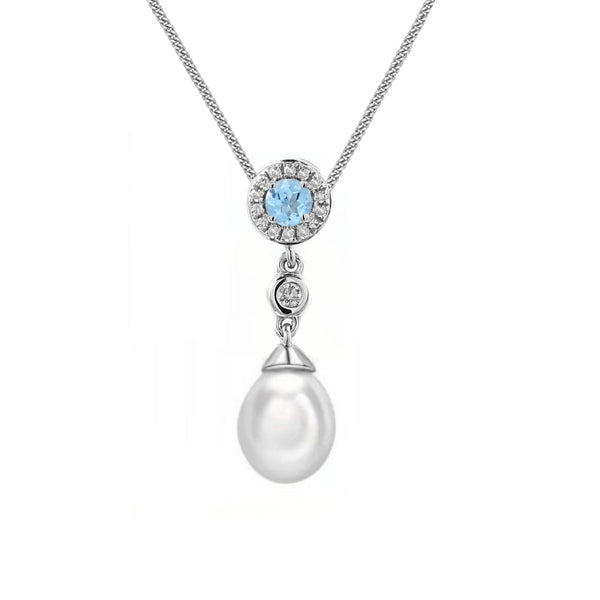 18ct white gold 0.18ct blue topaz, diamond & pearl pendant