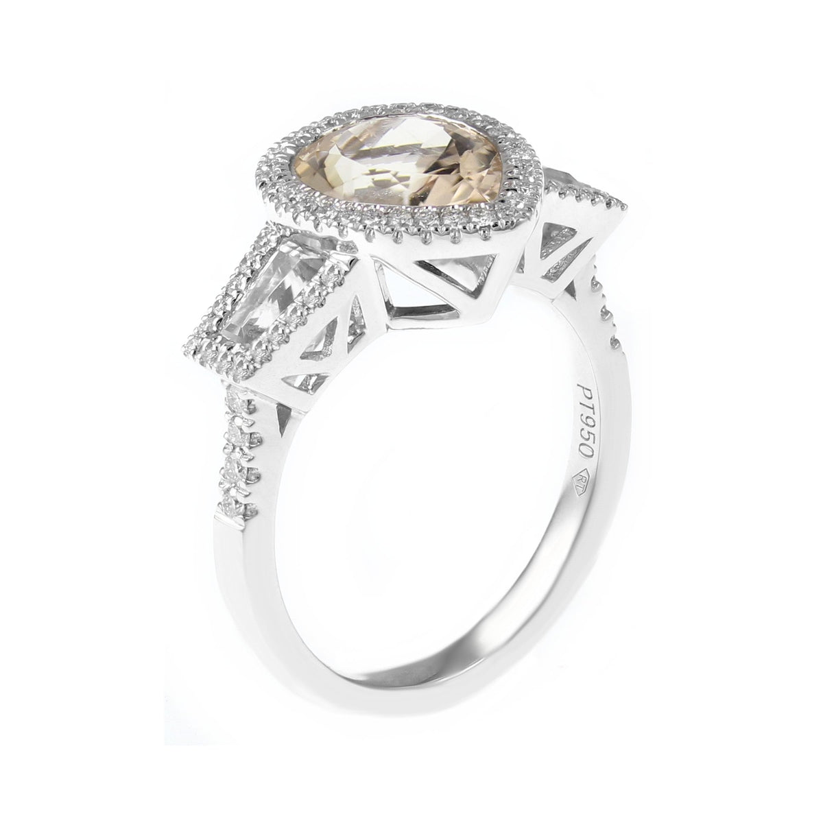 Platinum 2.15ct morganite, 0.25ct diamond & 0.59ct topaz ring