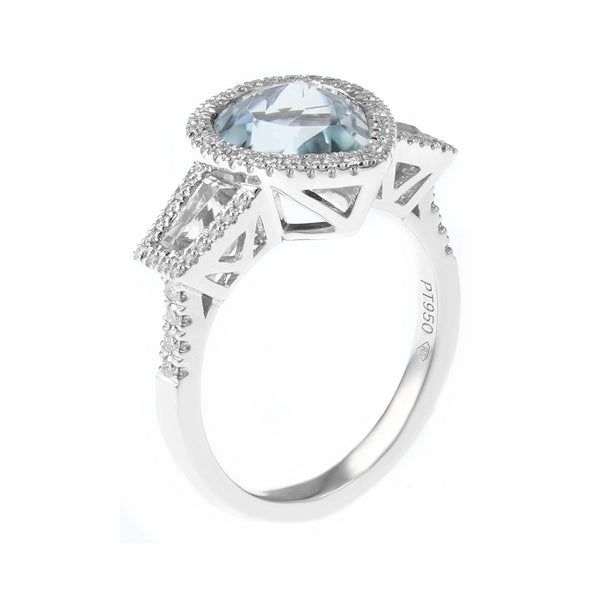 Platinum 2.27ct aquamarine, 0.25ct diamond & 0.63ct topaz ring