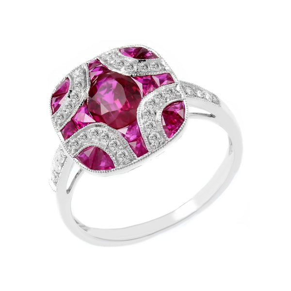 18ct white gold 2.35ct ruby & 0.21ct diamond Art Deco cross ring