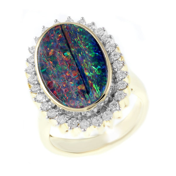 14ct yellow gold 3.34ct opal doublet & 0.61ct diamond ring