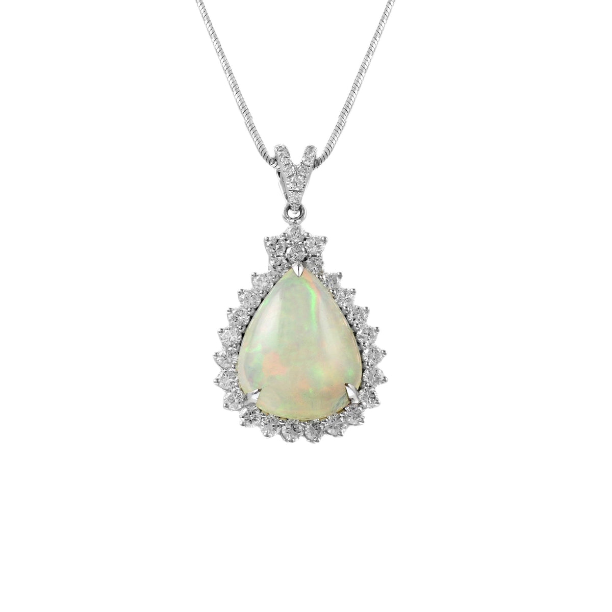 18ct white gold 3.91ct pear opal & 1.00ct diamond pendant