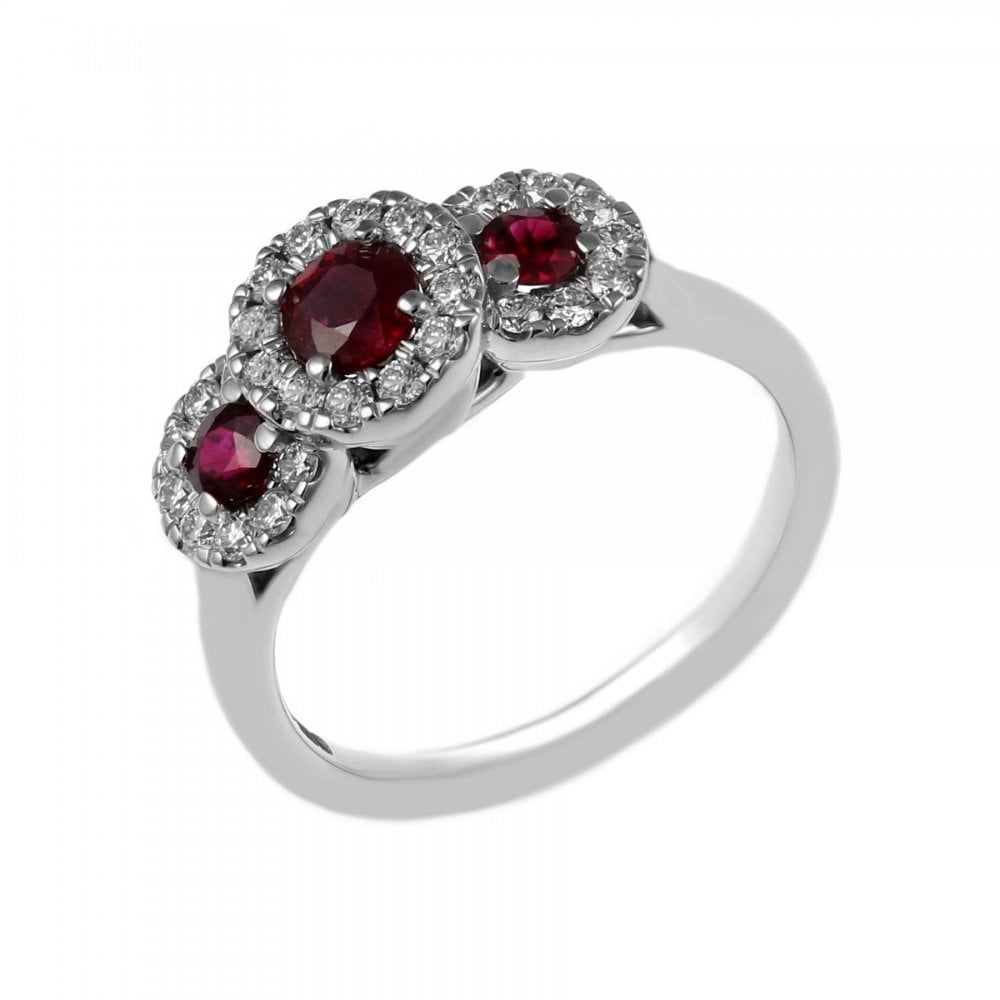 Platinum 0.55ct ruby & 0.30ct diamond triple cluster ring