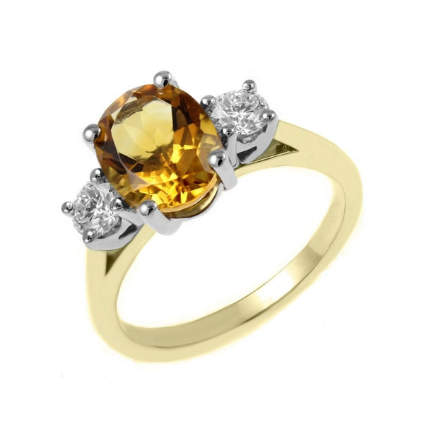 18ct yellow gold 1.76ct citrine & 0.40ct diamond 3 stone ring