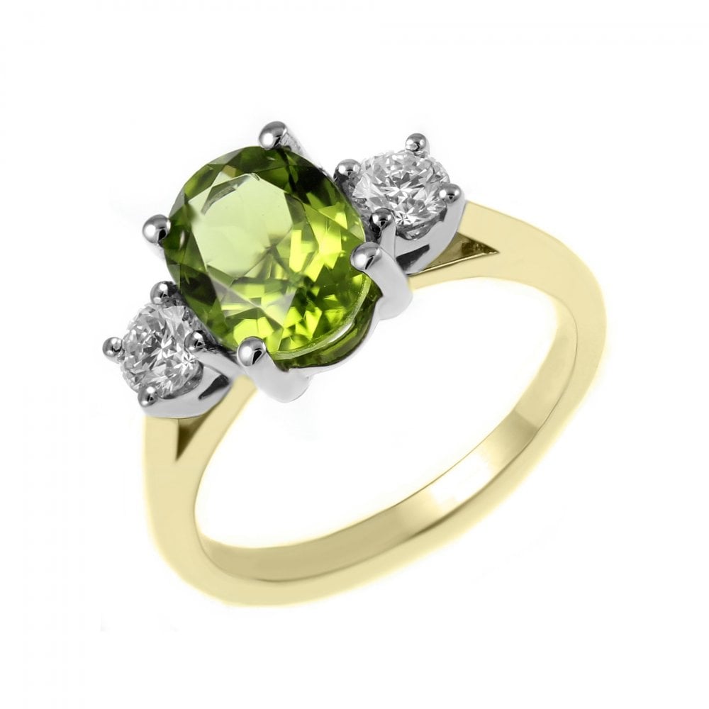 18ct yellow gold 2.07ct peridot & 0.40ct diamond 3 stone ring