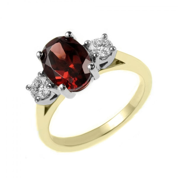 18ct yellow gold 1.98ct garnet & 0.40ct diamond 3 stone ring