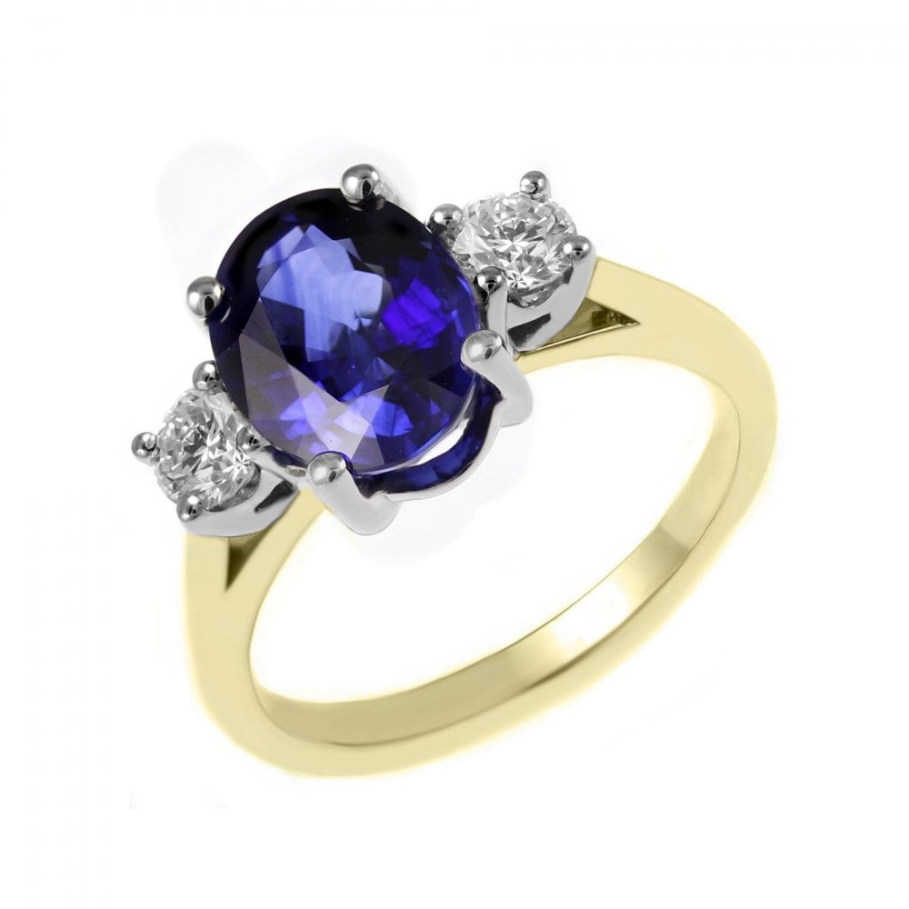 18ct yellow gold 2.25ct sapphire & 0.42ct diamond 3 stone ring