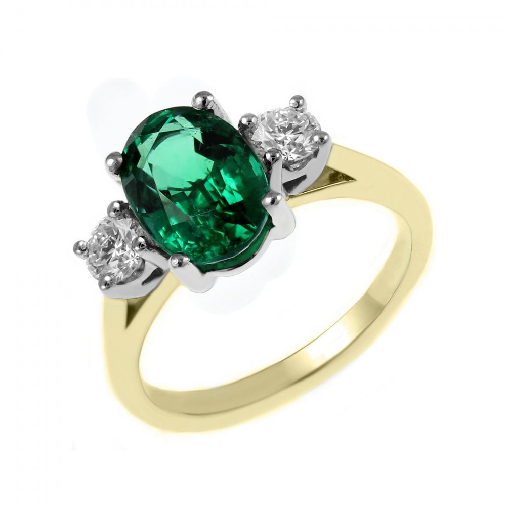 18ct yellow gold 2.09ct emerald & 0.41ct diamond 3 stone ring
