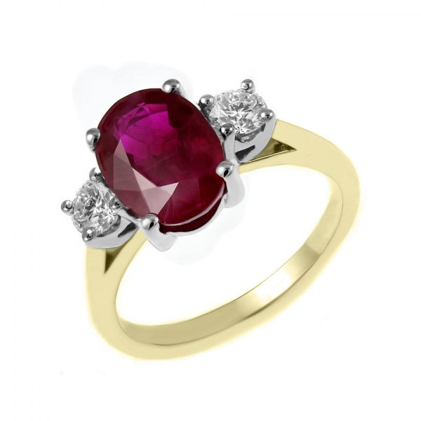 18ct yellow gold 2.46ct ruby & 0.41ct diamond 3 stone ring