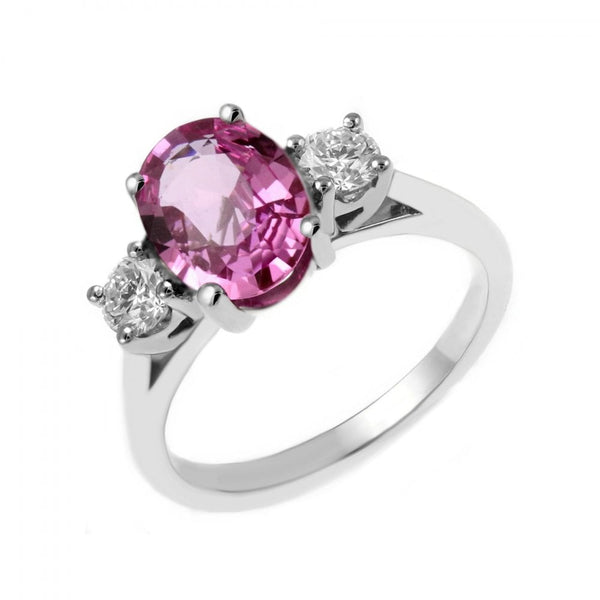 Platinum 1.77ct pink sapphire & 0.40ct diamond 3 stone ring