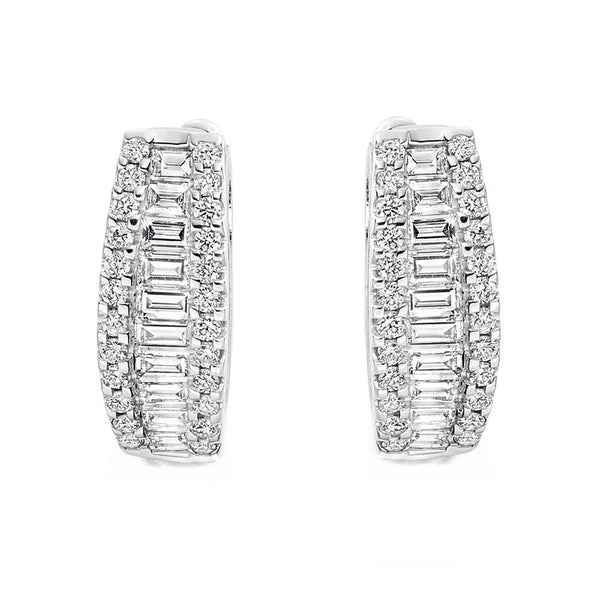 18ct white gold 1.00ct round & baguette diamond hoop earrings