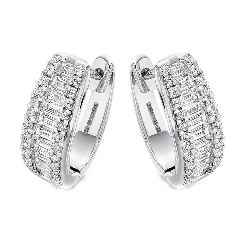 18ct white gold 1.00ct round & baguette diamond hoop earrings