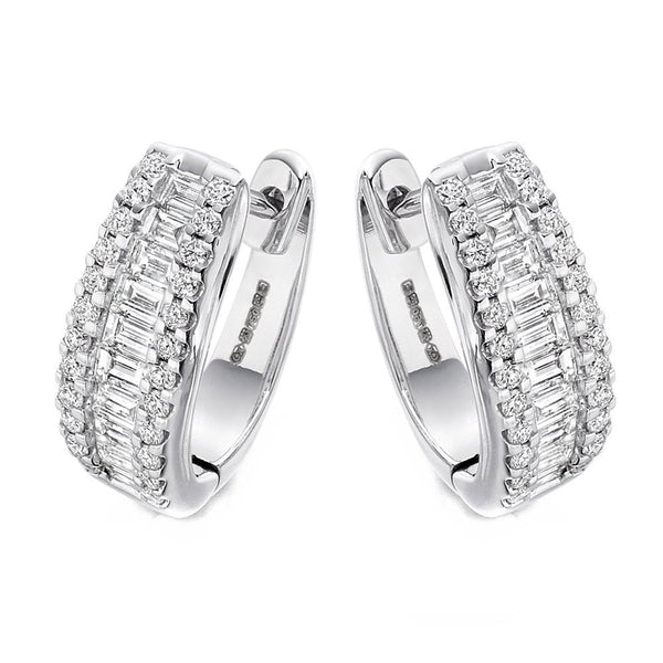 18ct white gold 1.00ct round & baguette diamond hoop earrings