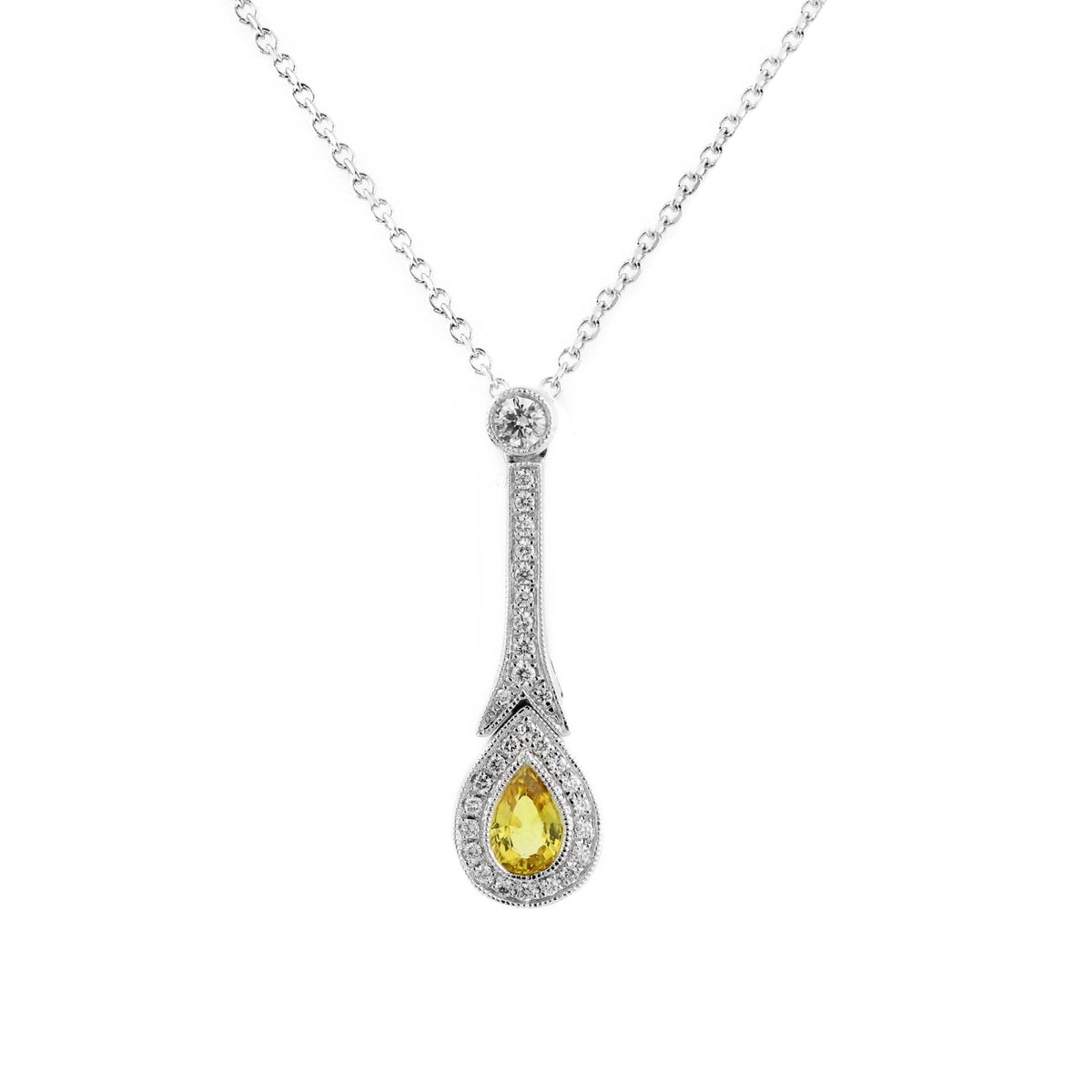 18ct white gold 0.26ct yellow sapphire & 0.15ct diamond pendant