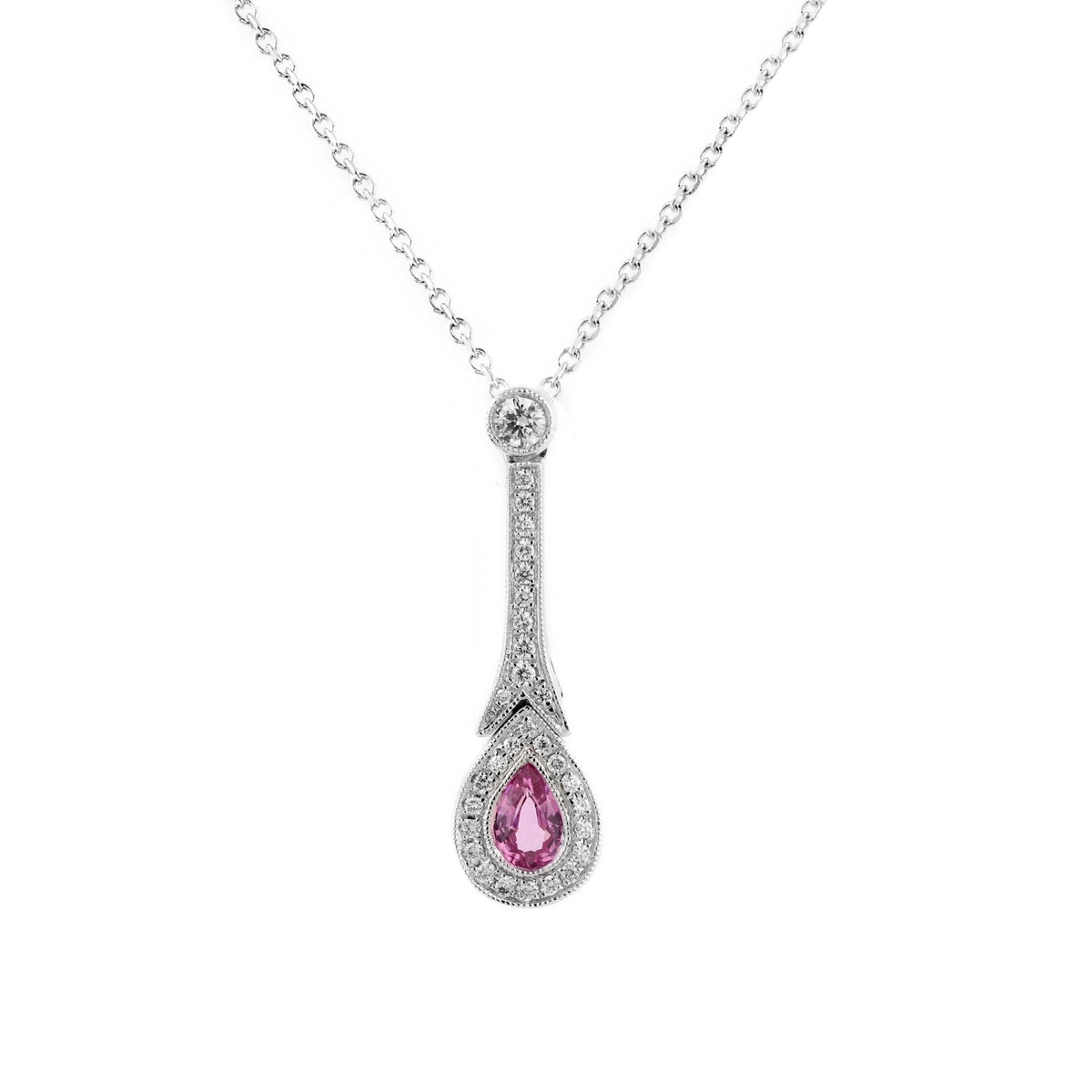 18ct white gold 0.32ct pink sapphire & 0.15ct diamond pendant