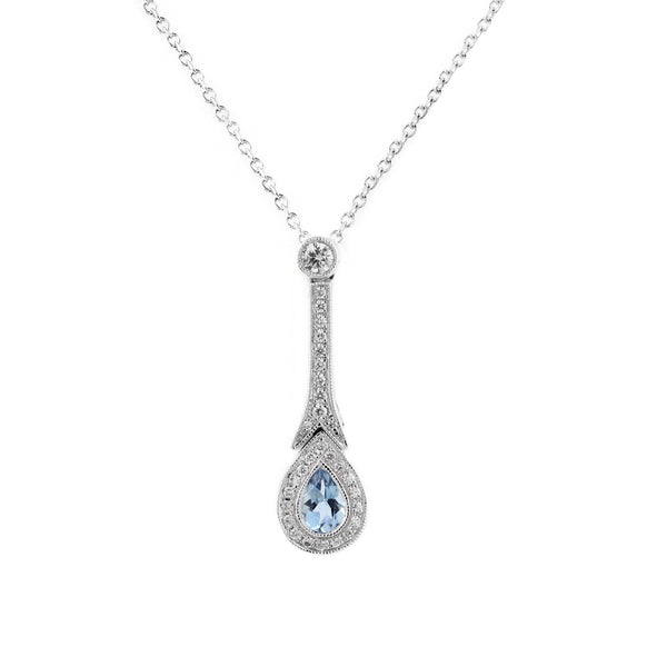 18ct white gold 0.19ct aquamarine & 0.15ct diamond drop pendant