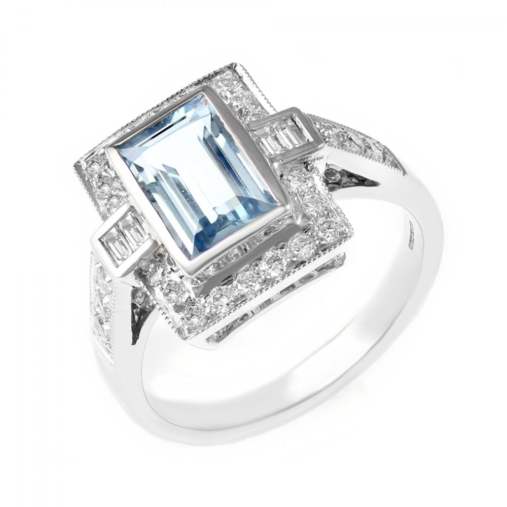 18ct white gold 1.27ct aquamarine & 0.34ct diamond Art Deco ring