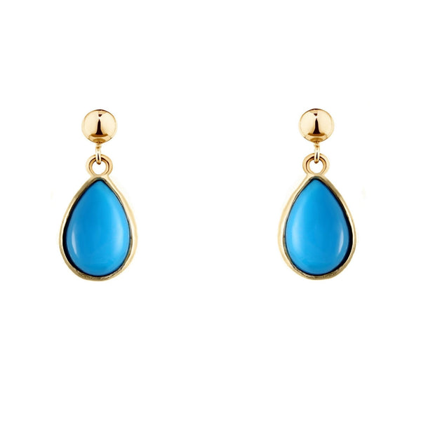9ct yellow gold 9mm x 6mm pear cabachon turquoise drop earrings
