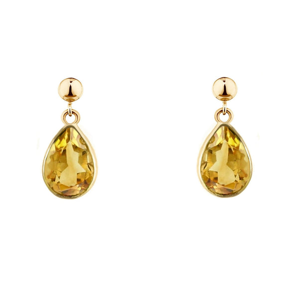 9ct yellow gold 9mm x 6mm pear citrine drop earrings
