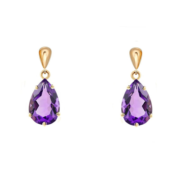 9ct yellow gold 9mm x 6mm pear amythyst drop earrings