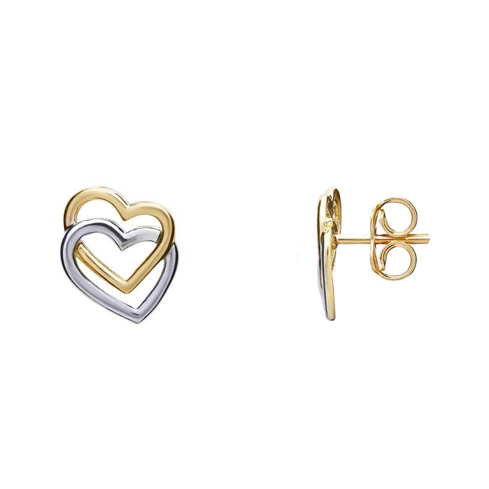 9ct yellow & white gold 10mm x 9mm open heart stud earrings
