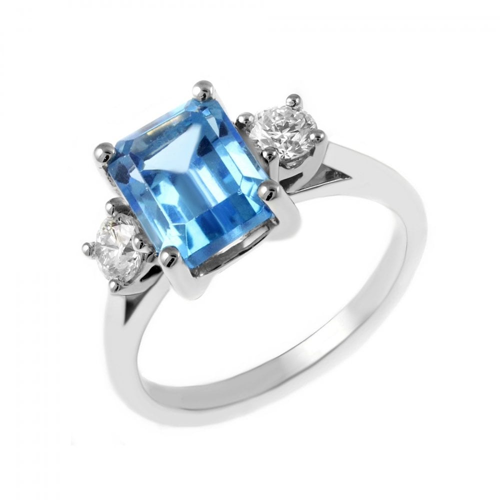Platinum 2.97ct Swiss blue topaz & 0.40ct diamond 3 stone ring
