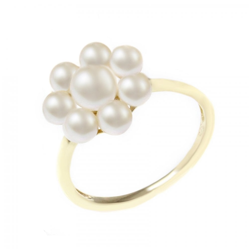 9ct yellow gold 4x4mm & 5x5mm Akoya pearl cluster ring