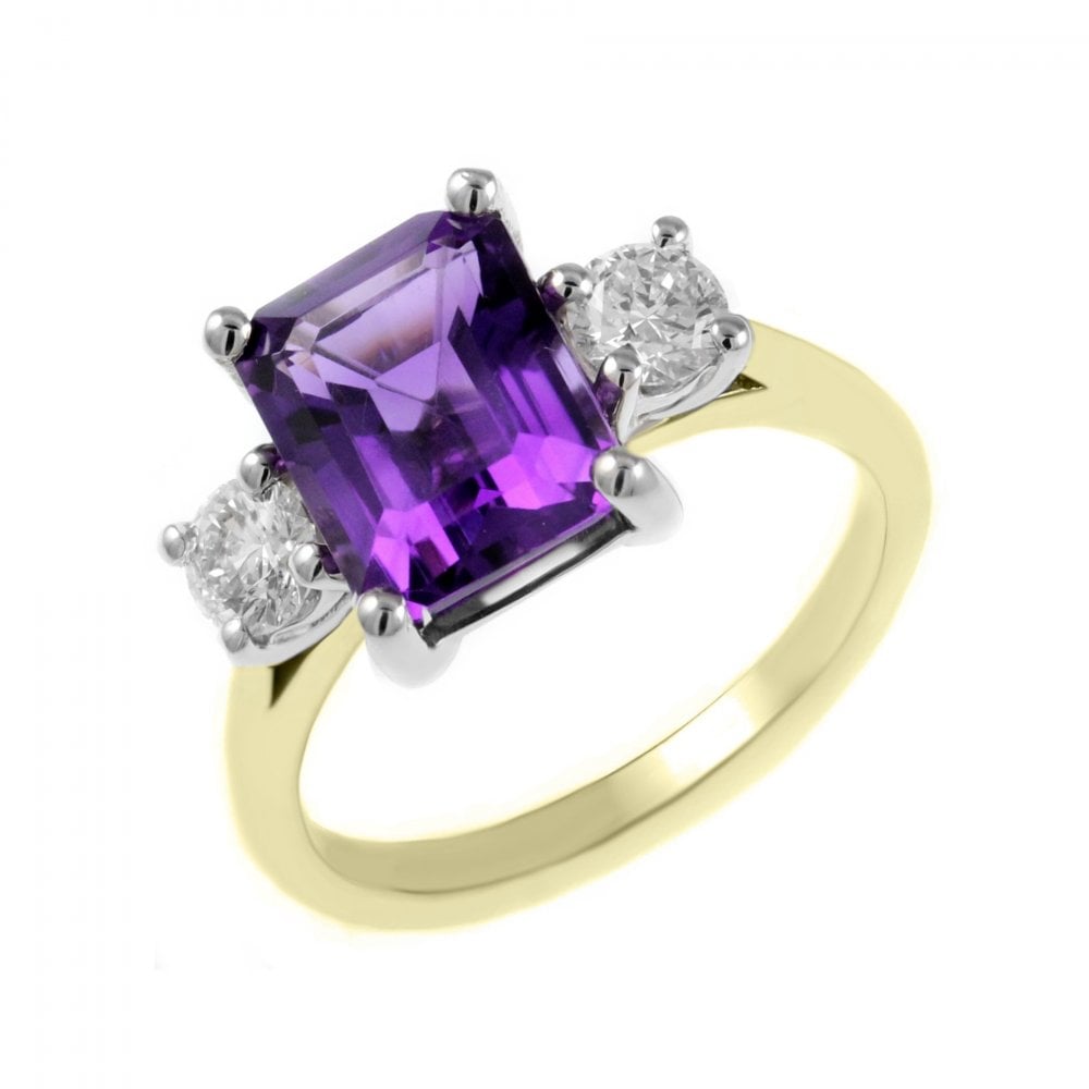 18ct yellow gold 2.18ct amethyst & 0.40ct diamond 3 stone ring