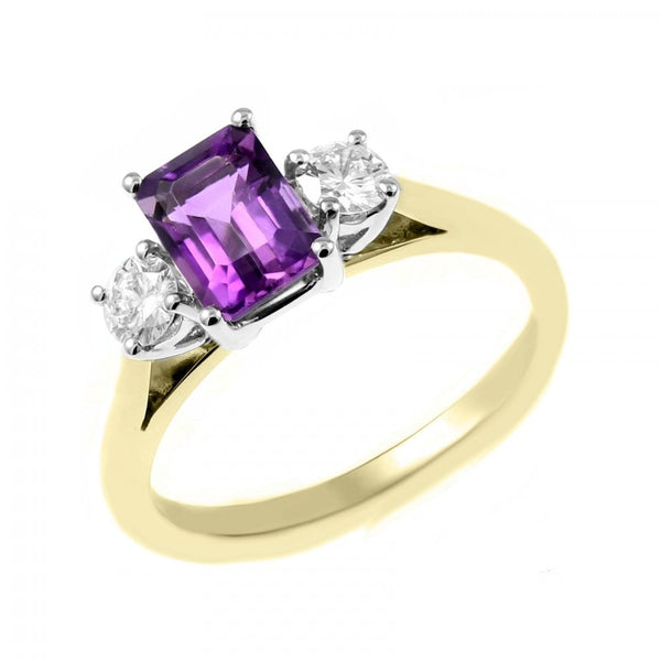 18ct yellow gold 1.00ct amethyst & 0.30ct diamond 3 stone ring