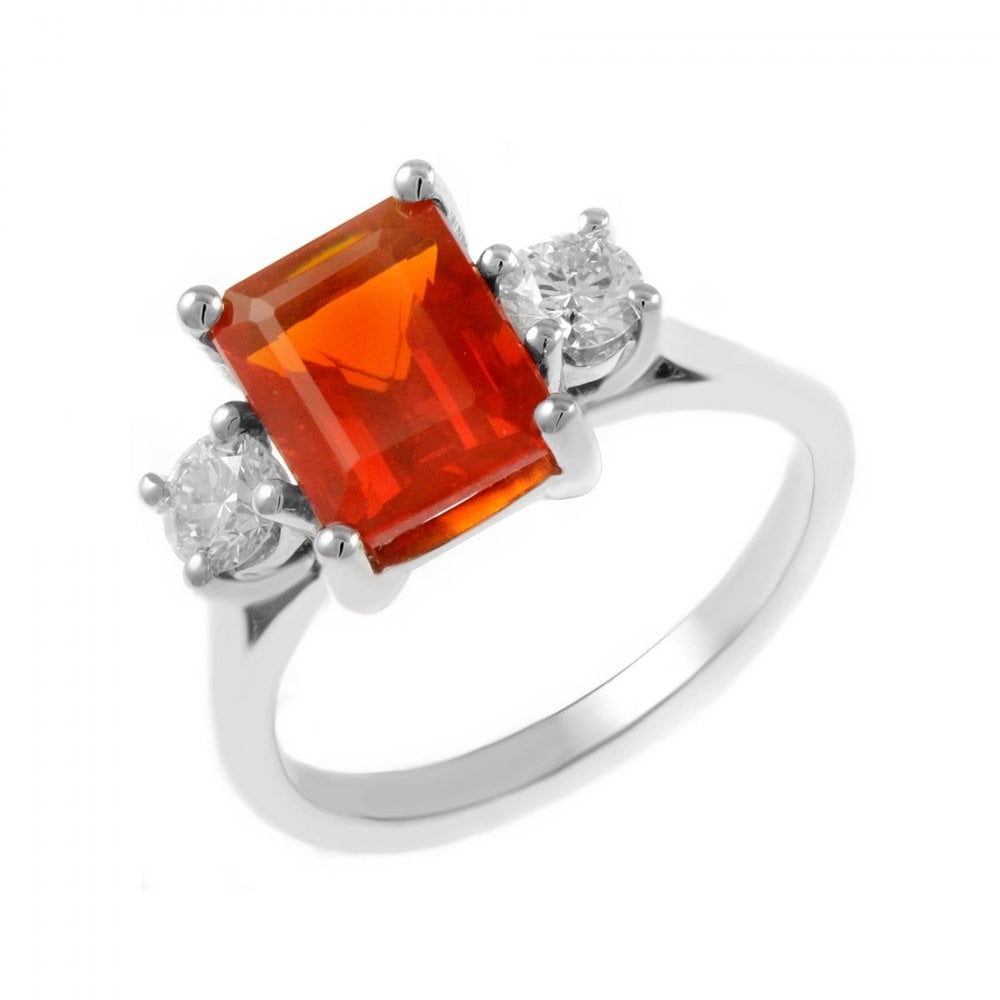 Platinum 1.63ct fire opal & 0.40ct diamond 3 stone ring