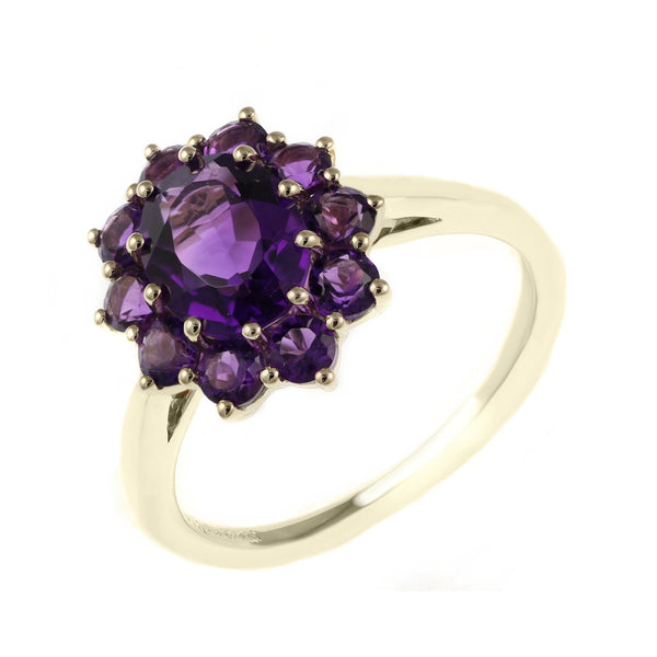 9ct yellow gold 9mm x 7mm amethyst cluster ring