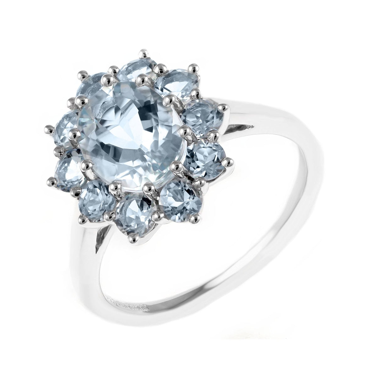 9ct white gold 9mm x 7mm aquamarine cluster ring