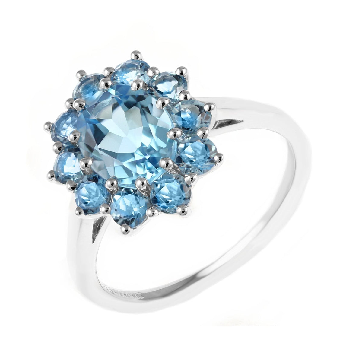 9ct white gold 9mm x 7mm Swiss blue topaz cluster ring