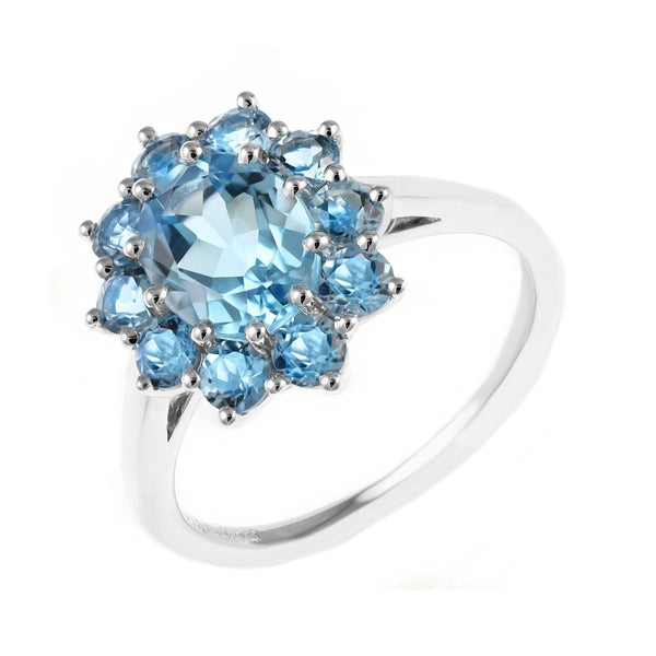 9ct white gold 9mm x 7mm Swiss blue topaz cluster ring