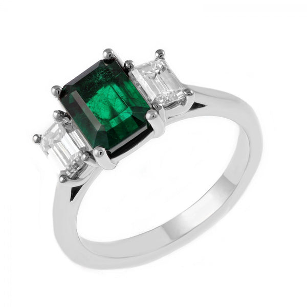 Platinum 1.93ct emerald & 0.82ct diamond 3 stone ring