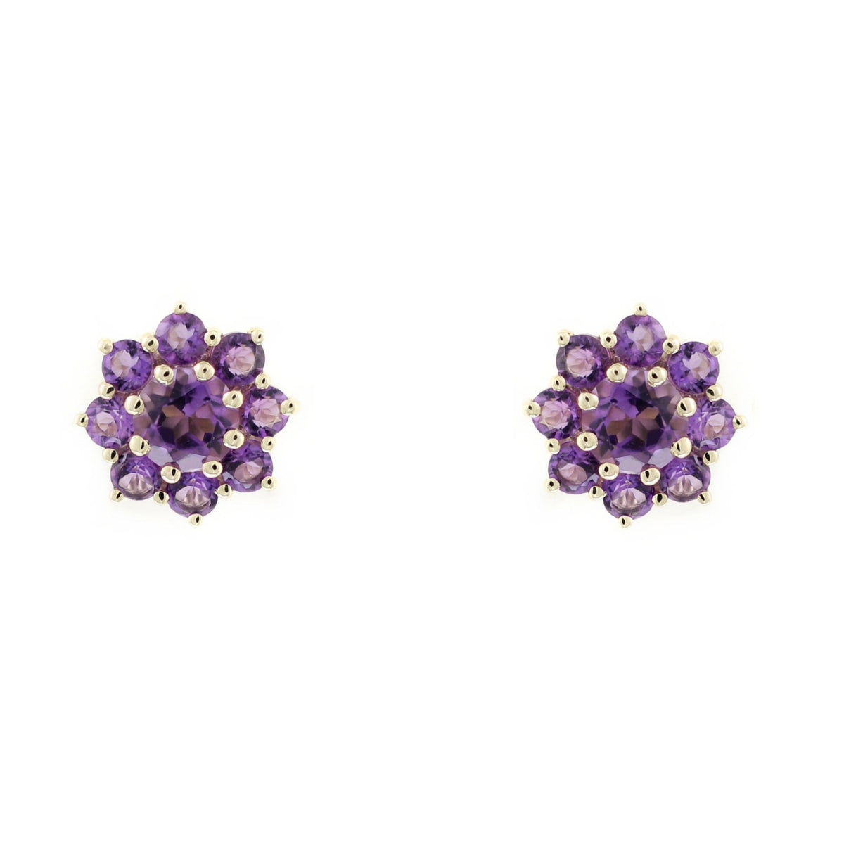 9ct yellow gold 4mm x 4mm amethyst cluster earrings