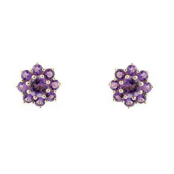 9ct yellow gold 4mm x 4mm amethyst cluster earrings