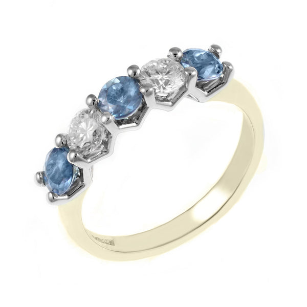 18ct yellow gold 0.64ct aquamarine & 0.41ct diamond 5 stone ring