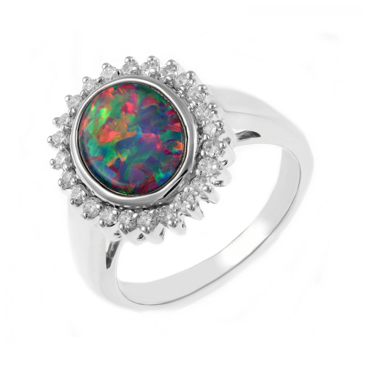 14ct white gold 1.30ct opal doublet & 0.37ct diamond ring