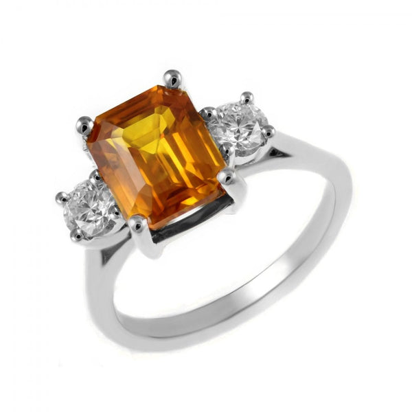 Platinum 3.03ct orange sapphire & 0.40ct diamond 3 stone ring