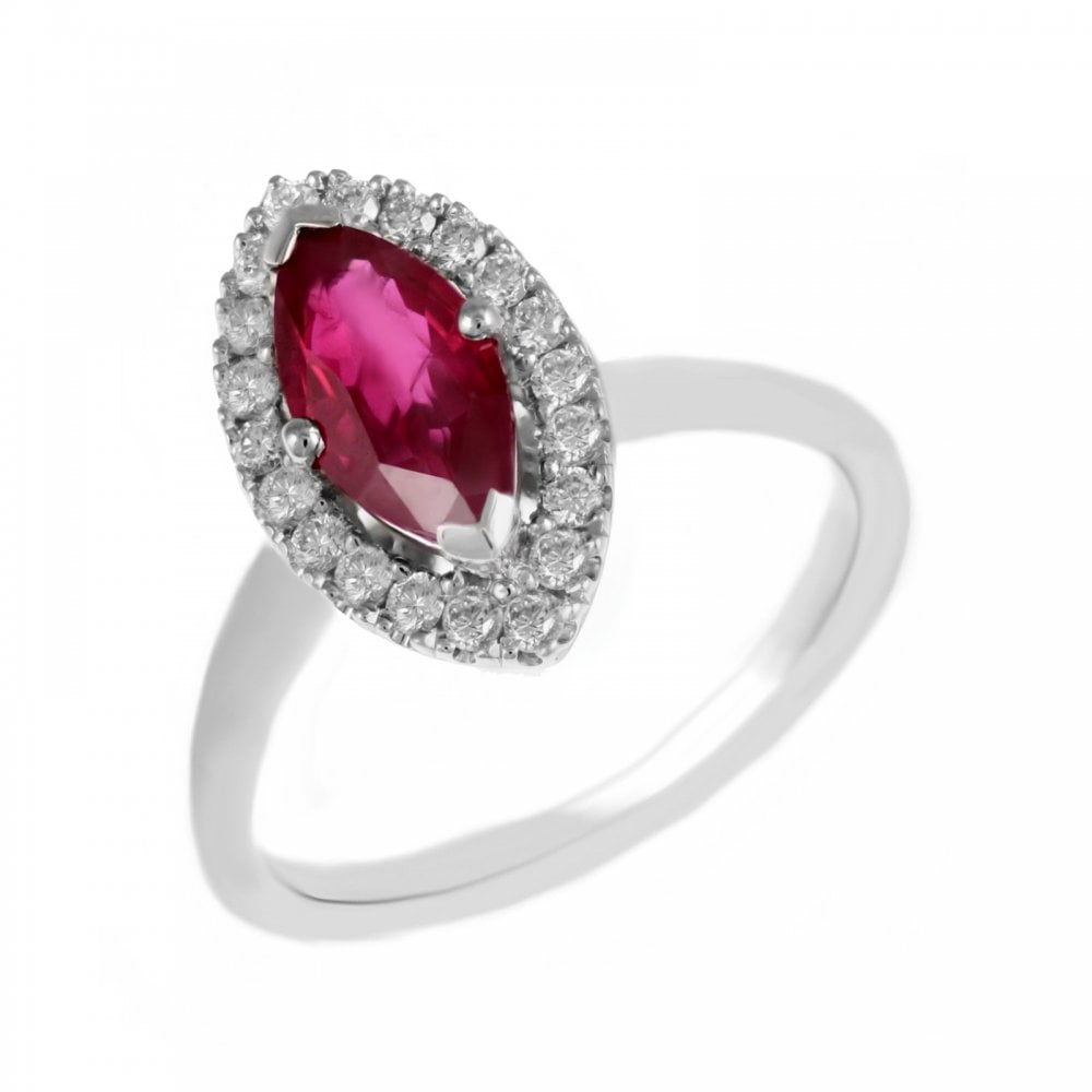Platinum 0.84ct marquise ruby & 0.20ct diamond halo ring
