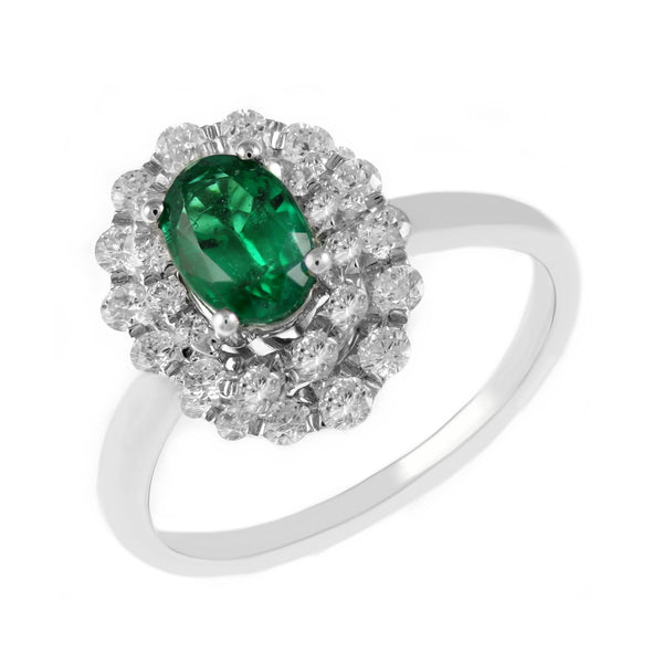 18ct white gold 0.75ct emerald & 0.72ct diamond cluster ring
