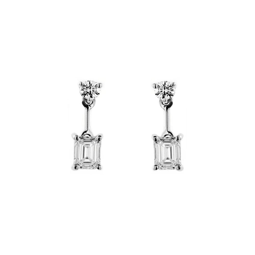 Platinum 1.19ct emerald & round brilliant diamond drop earrings