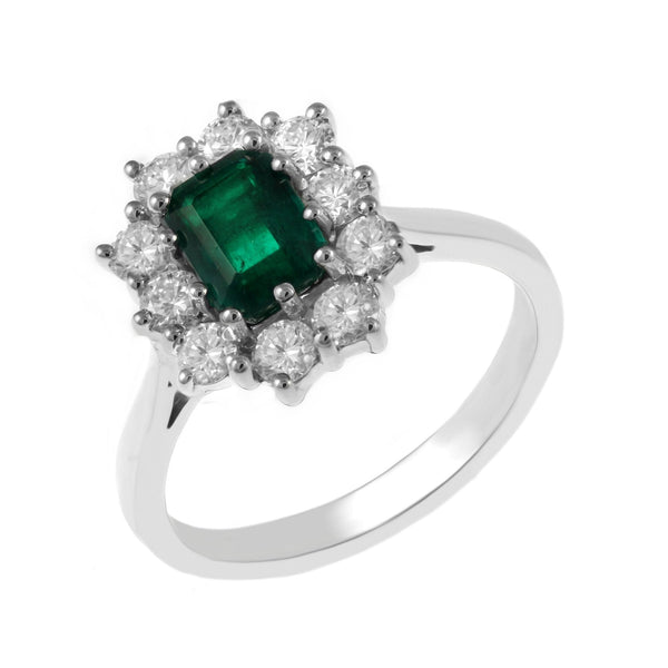 Platinum 0.95ct emerald & 0.80ct diamond cluster ring