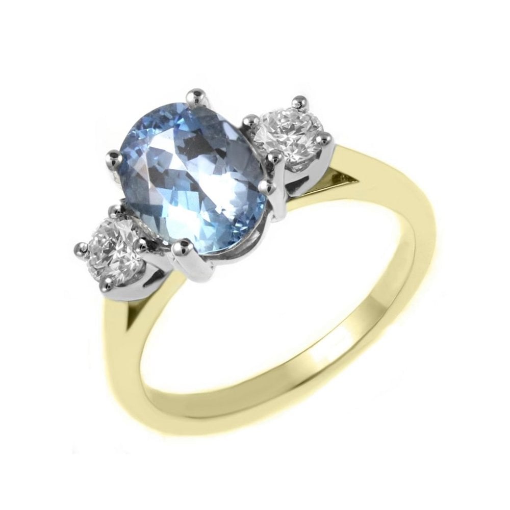 18ct yellow gold 1.78ct aquamarine & 0.40ct diamond 3 stone ring