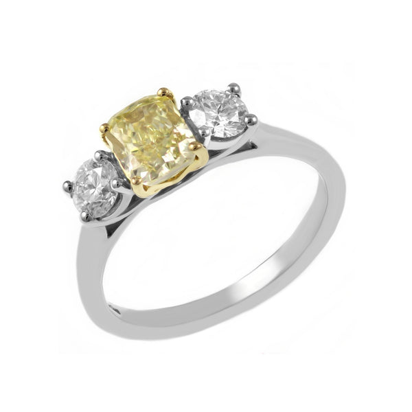 Platinum 1.10ct fancy yellow GIA & 0.53ct diamond 3 stone ring