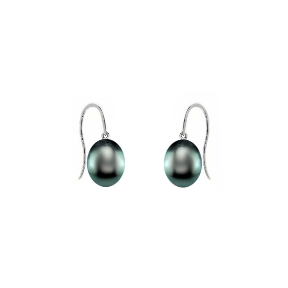 18ct white gold 9mm x 8.5mm freshwater black pearl hook earrings
